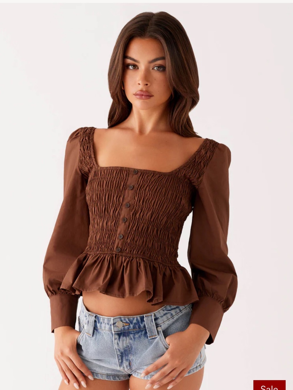 Peppermayo Joyce Long Sleeve Cotton Shirred Top - Chocolate D